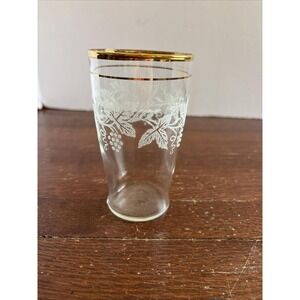 Vtg MCM Bartlett Collins 16oz Flat Tumbler Gold Trim Frosted Grape Leaves
